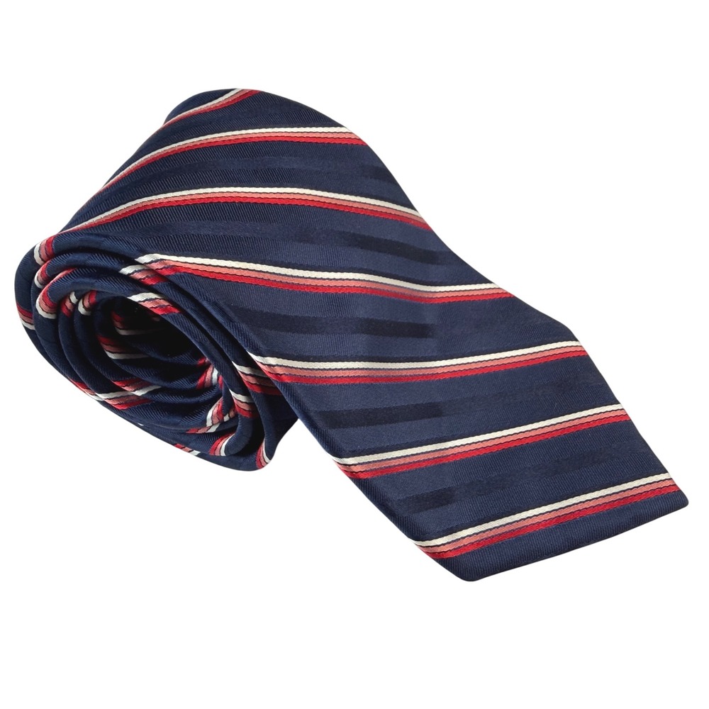 Rochester Mens Extra Long Silk Tie Navy Blue Red White Striped Handcrafted Italy